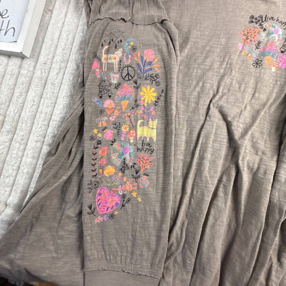 Natural Life Cotton Doodle Tee Ash Tan Oversized Boho Long Sleeve Top Large - Picture 6 of 8
